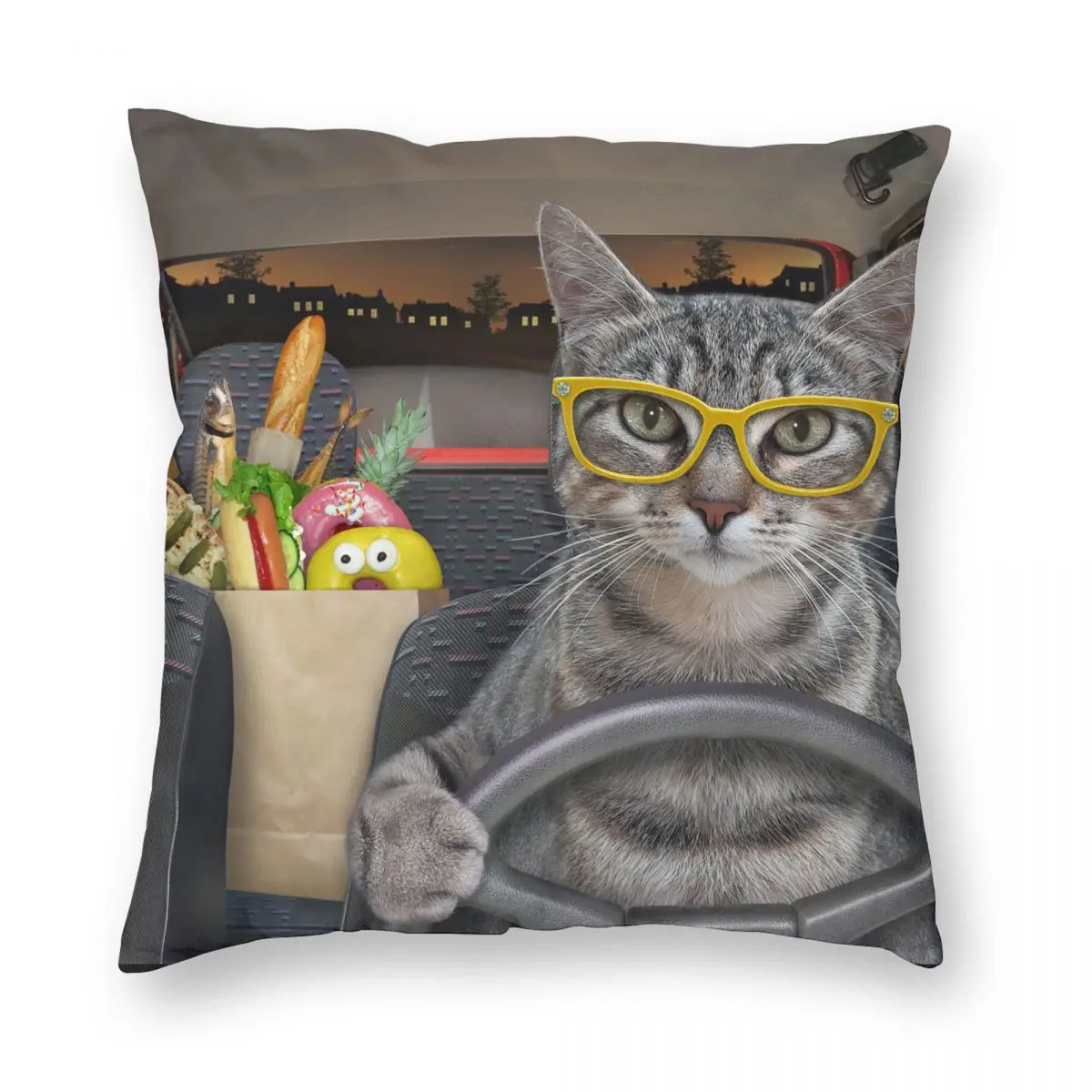 

A Gray Cat In Glasses Is Driving A Car Pillowcase Printing Polyester Cushion Cover Gift Throw Pillow Case Cover Bed Zippered