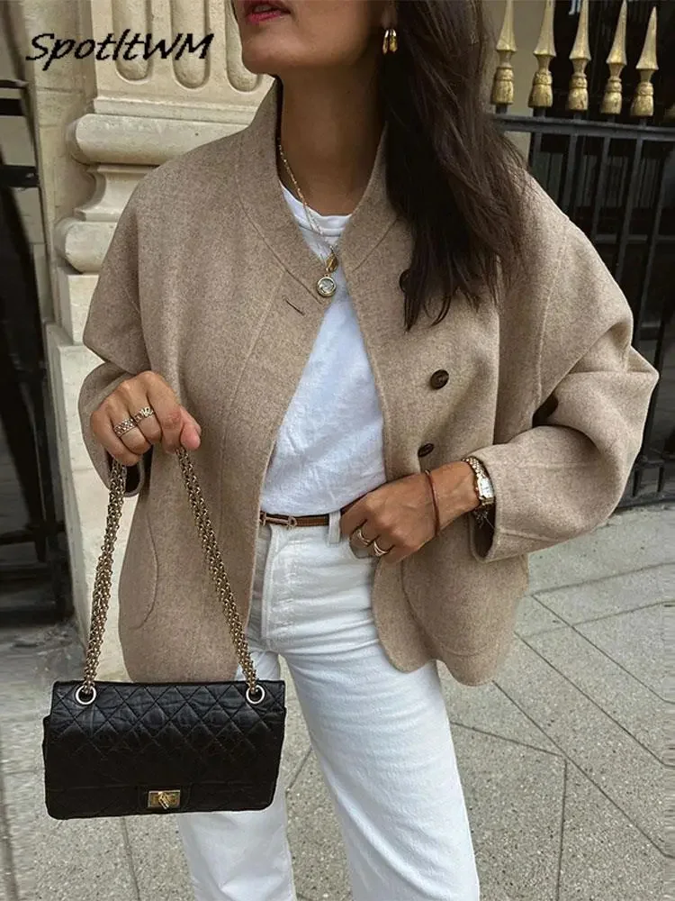 

Элегантное шерстяное теплое Укороченное пальто, зимнее женское винтажное длинное Укороченное пальто, свободная однобортная куртка с воротником-стойкой, женский кардиган