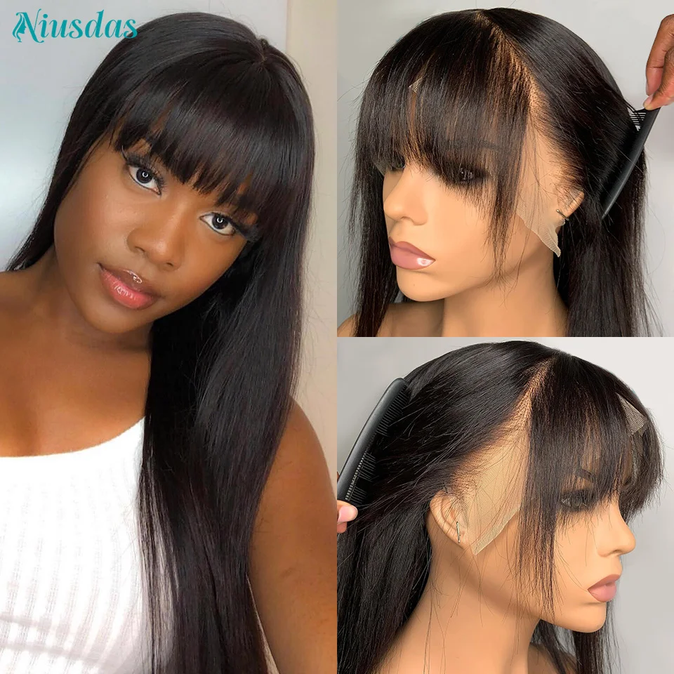 Straight Lace Front Wig With Bangs 13x4 Transparent Lace Frontal Wig Brazilian Lace Front Human Hair Wigs For Women Niusdas Hair