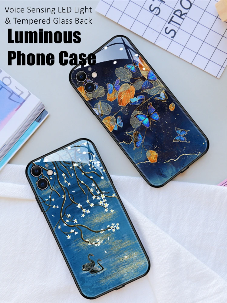 

Butterfly and Swan LED Light Glowing Luminous Tempered Glass Phone Case for OnePlus 6 6T 7 7T 8 8T 9 9R 10 Ace Nord N20 N200 Pro