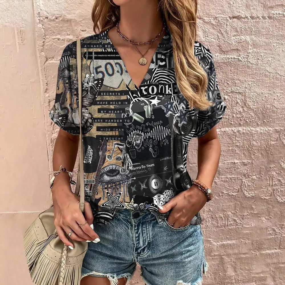 

Women's Summer Hip Hop Splice 3D Printed T-shirt Y2k Top Fashion Casual Versatile Street Plus Size Women's V-neck T-shirt