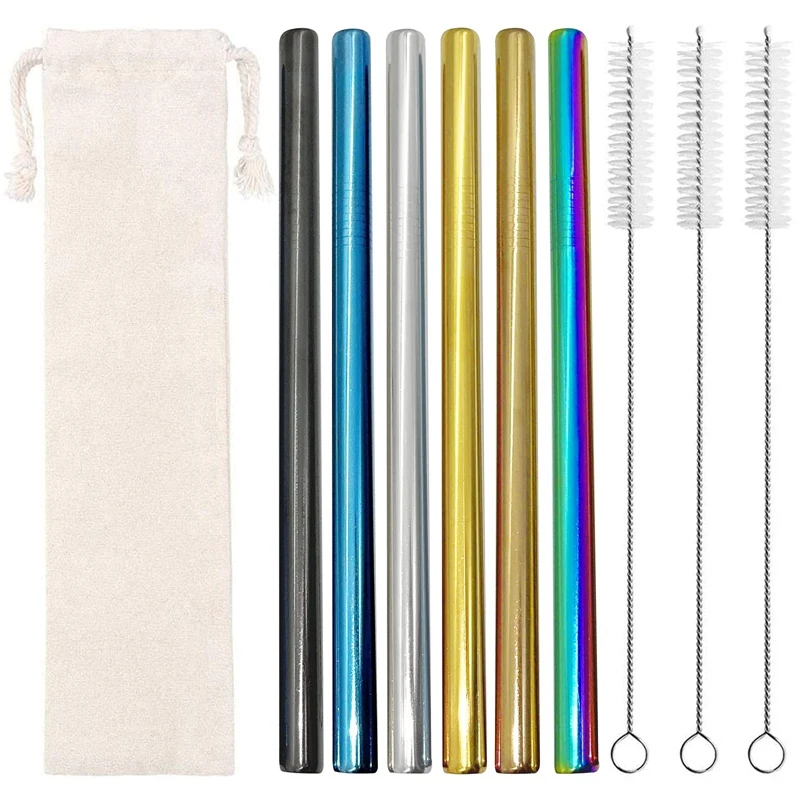 

HOT-Reusable Colorful Stainless Steel Straws, Bubble Tea Straws, 6 Large Metal Straws, 3 Cleaning Brushes And 1 Storage Bag