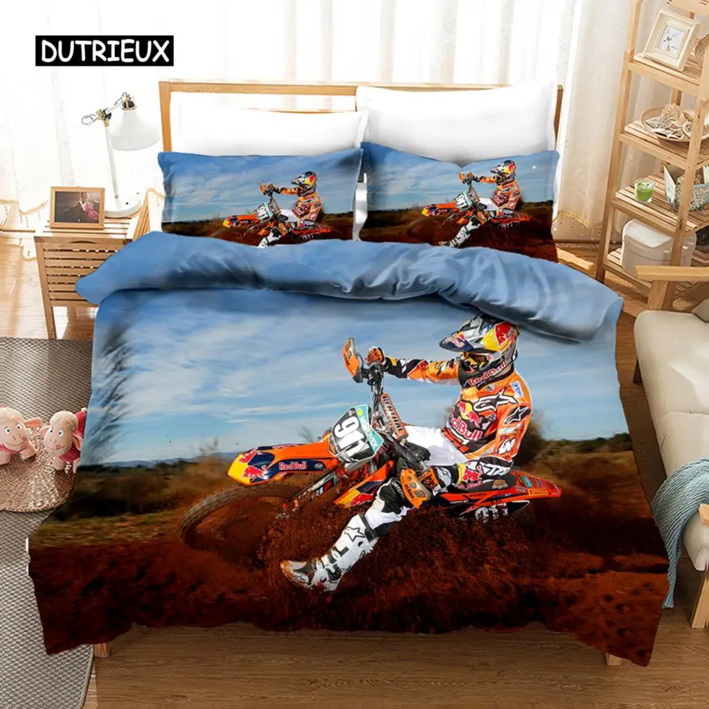 

Luxury Bedding Set Motorcycle Print Duvet Cover Set with Pillowcase Motocross Bedspread boy's Bed Set