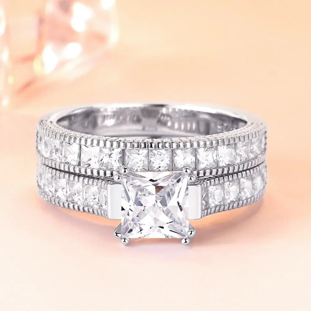 

Sterling Silver Ring Couple Two In One Ring Ladies Square Zircon Row Diamond Jewelry