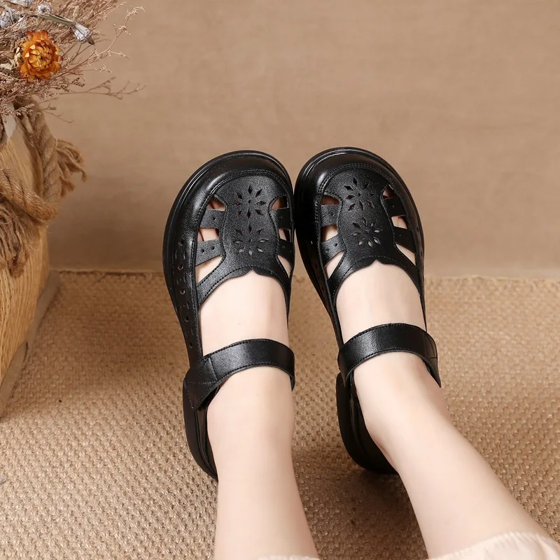 Wide Toe Orthopedic Sandals Women's Cutout Genuine Leather Shoes Woman Gladiators Summer Block Low Heels Mary Jane Sandals Shoes