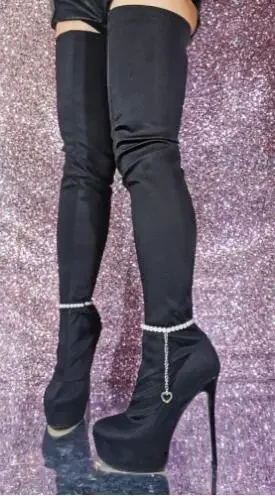 Сексуальные женские черные тканевые сапоги с круглым носком на платформе и