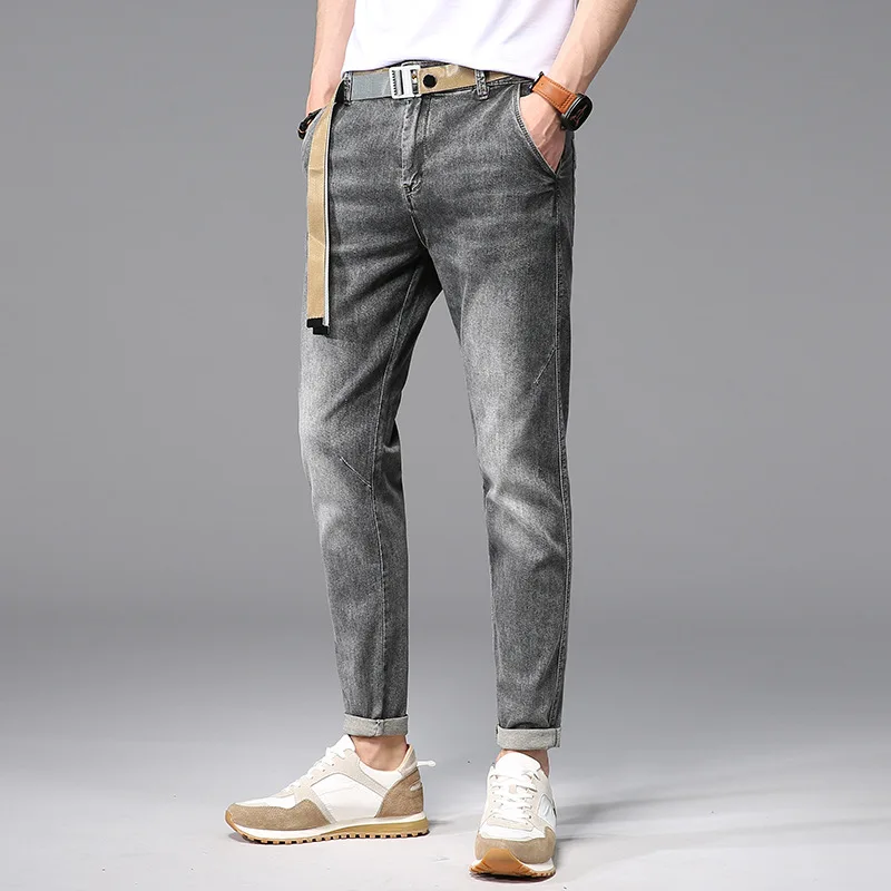 High Street Men's Jeans Thin Summer Fashion Youth Trousers Casual Mid-waist Gray Stretch Jeans for Men Men Clothing