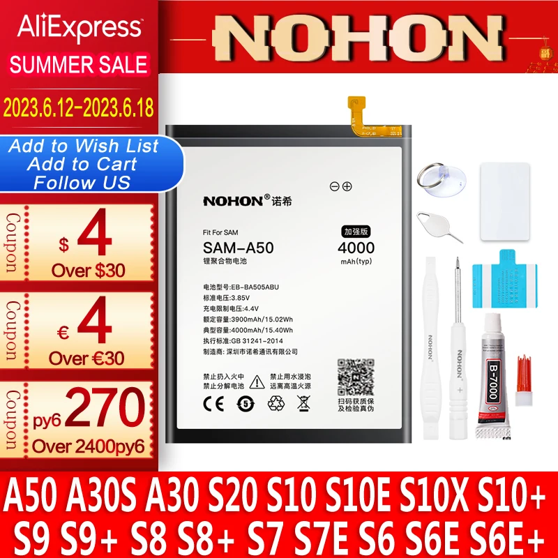

NOHON Lithium Polymer Battery For Samsung Galaxy A50 A30 A30S S10e S20 S10 Plus S9 S8 S7 Edge S6 S7e S10x Replacement Bateria