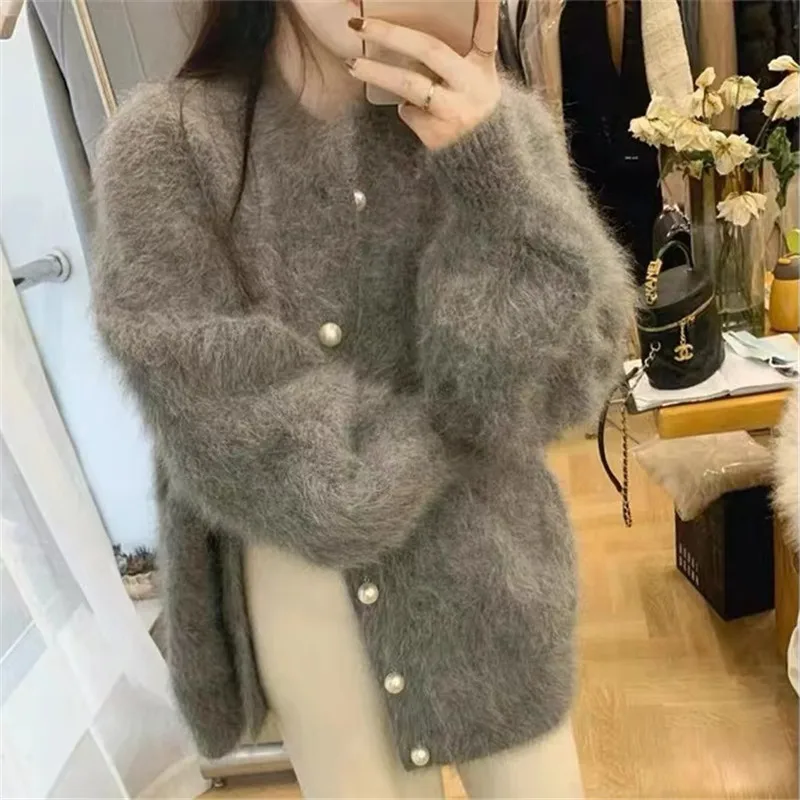 

Limiguyue Autumn Winter Mohair Mink Sweater Vintage Solid Cashmere Knitted jacket Cardigans Knitwear Thicken Warm Outwear E060