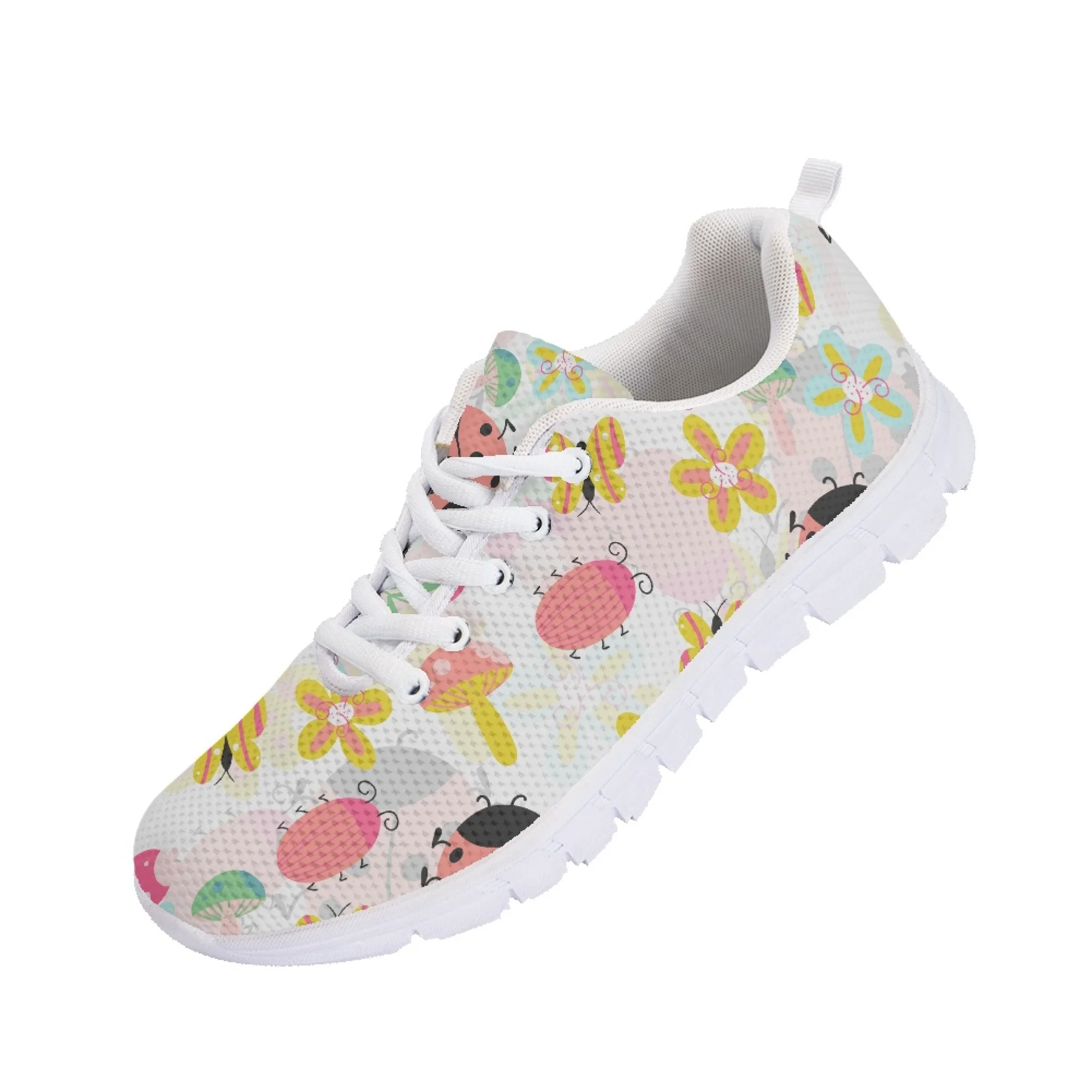 Yikeluo Cartoon Pattern with Flower Printed Mesh Shoes Woman Spring Ladies Shoes Lace-Up Flats Sneakers Women Unsex Footwear