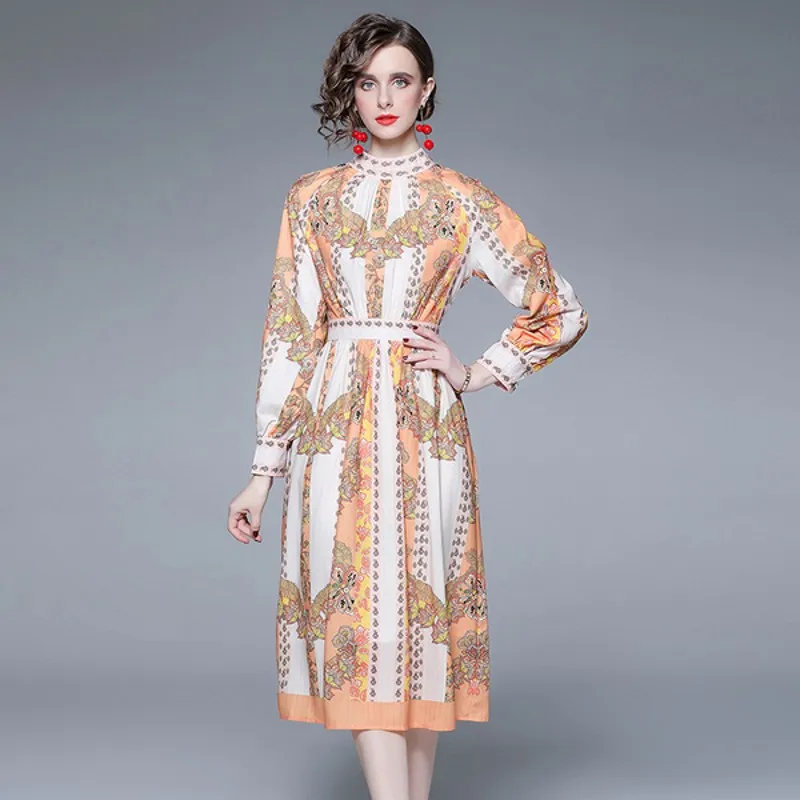 

2022 Fashion Shirt Dress Women Retro Long Sleeve stand Collar Print Casual Dress Vestidos