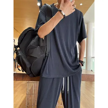 Trendy Ice Silk Casual Sports Pants For Men: Straight Pleated Sports Pants Drape 1