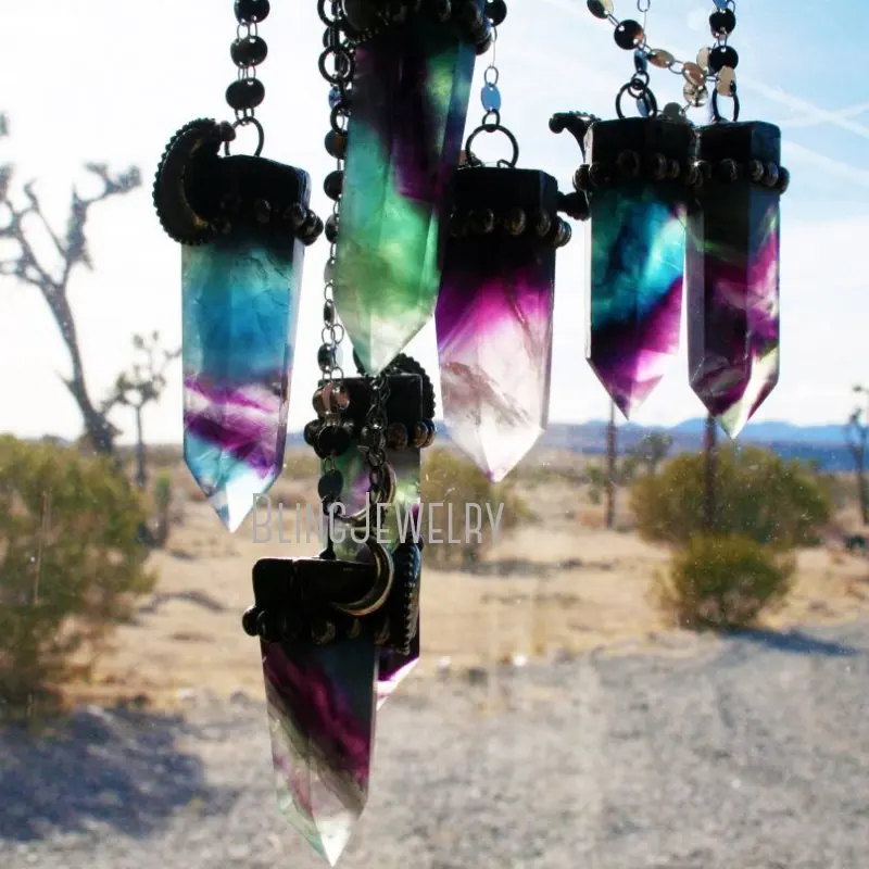 NM40643  Rainbow Fluorite Crystal Tower Necklace Aqua Blue Fluorite Crystal Point Necklace With Crescent Moon Pyrite Halloween