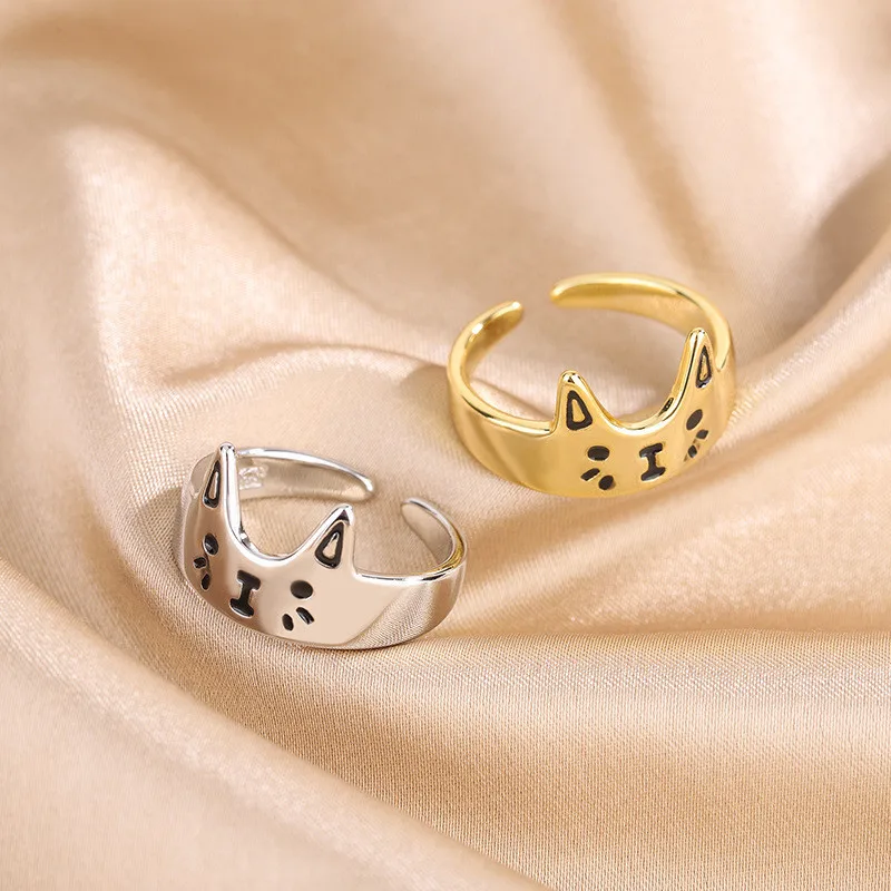Lovely Cartoon Drop Oil Cat Open Rings for Women Men Vintage Fashion Animal Cat Opening Finger Ring Jewelry Gifts Wholesale images - 6