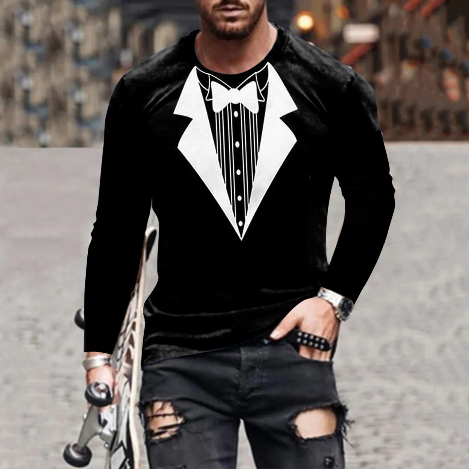 

Футболка мужская с 3D-принтом и галстуком-бабочкой, модный ретро костюм для смокинга, повседневные топы с длинным рукавом, оверсайз, уличная одежда, лето