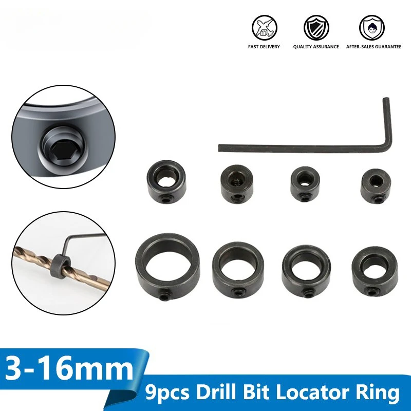 

9pcs 3-16mm Woodworking Drill Cutter Depth Stop Collars Ring Positioner Drillling Tools Drill Bit Locator Ring Set