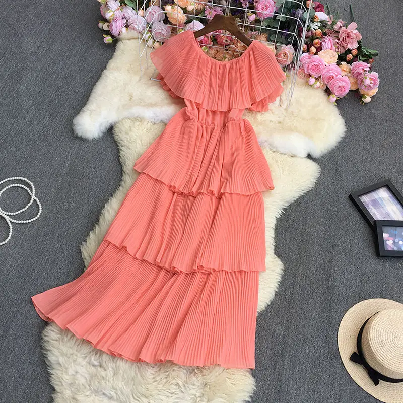 

Summer Sexy Slash Neck Cascading Ruffle Dress Women Elegant Off Shoulder Short Sleeve Vacation Beach Draped Vestidos New