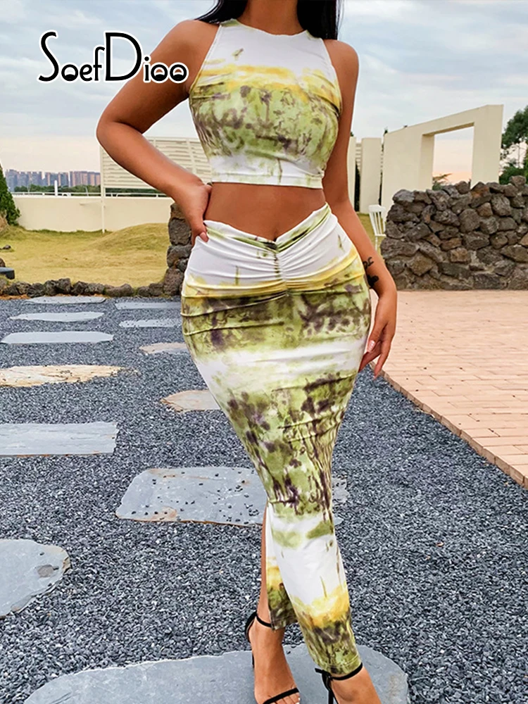 

Комплект из двух предметов Soefdioo, зеленая укороченная майка с принтом и юбка макси с разрезом, привлекательная Клубная одежда для вечерние, в...