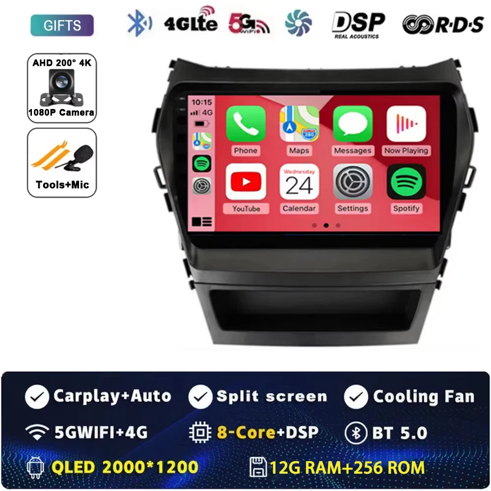 Для Hyundai Santa Fe 3 Grand IX45 2012-2017 Android 14 Carplay Автомобильный радиоприемник с навигацией GPS Мультимедийный плеер WiFi + 4G Стерео видео