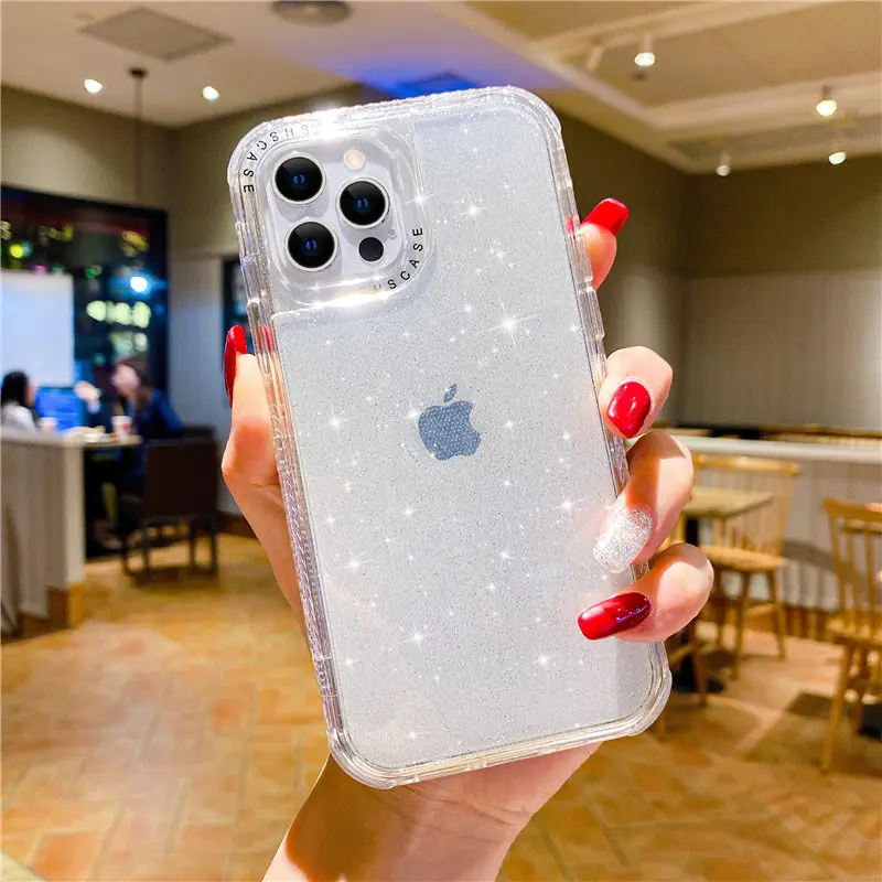 

Transparent Phone Case For iPhone 12 13 11Pro Max SE 2020 Max XR X 6 6S 7 8 Plus Shining Glitter Shockproof Bumper Back Cover