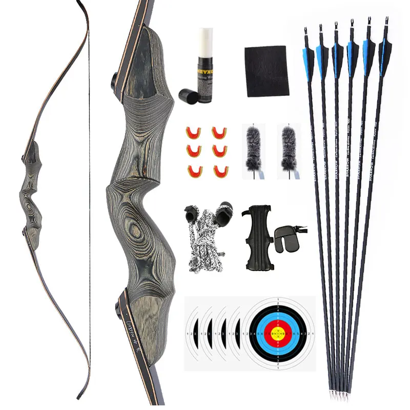 

60" Archery Recurve Bow Set 25-60lbs 6pcs Mixed Carbon Arrows Takedown RH Laminated Limbs for Hunting Shooting Practice