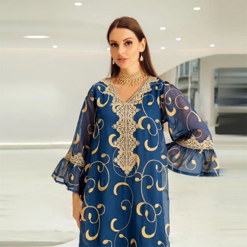 Ramadan Muslim Dress For Women Mesh Floral Embroidery Guipure Lace Flare Sleeves Modest Fashion Dubai Long Evening