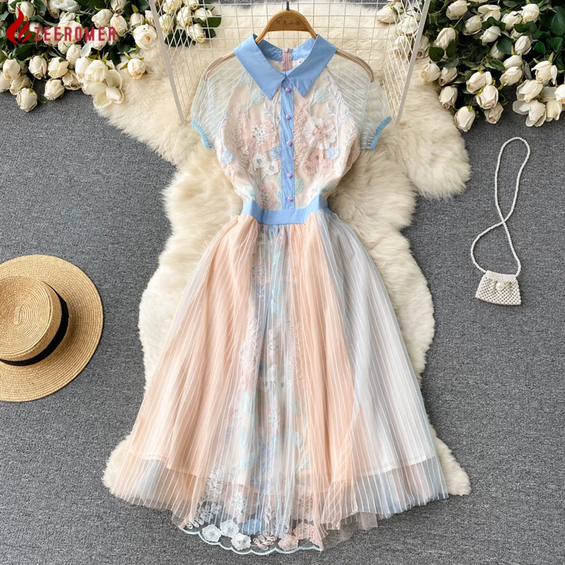 

2022 Summer New Fashion Runway Embroidery Floral Sweet Dress Women High quality Lapel Short Sleeve Casual Kawaii Mesh Midi Dress