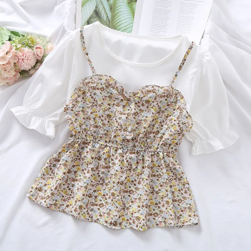 

Casual blouse 2023 holiday fake two pieces of broken flower o neck waistband short-sleeved chiffon blouse top summer women