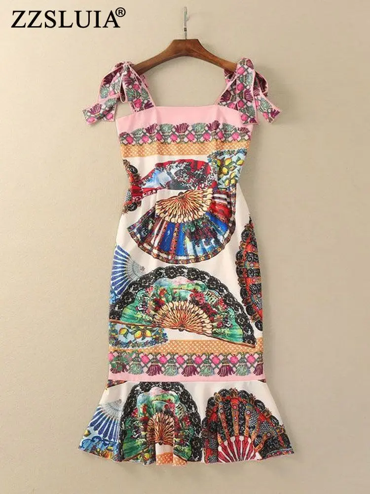 

ZZSLUIA Vintage Trumpet Dresses For Women Printed Bow Designer Ruffles Hem Slim Elegant Midi Dress Fashion Summer Dresses Female