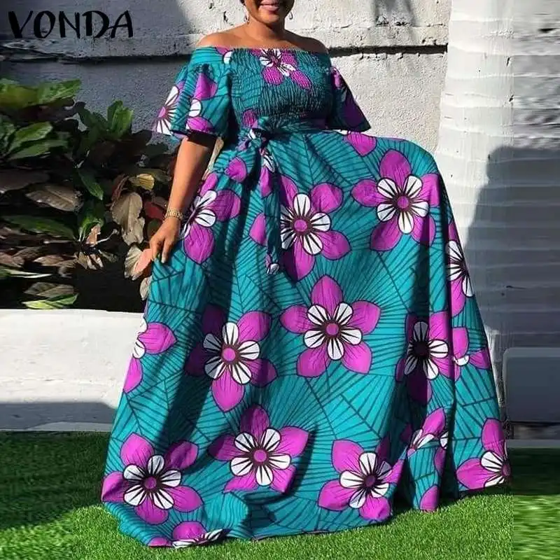 

Casual Short Sleeve Floral Print Dress With Belted VONDA Women Sexy Off Shoulder Holiday Party Dresses Vintage Printed Vestidos