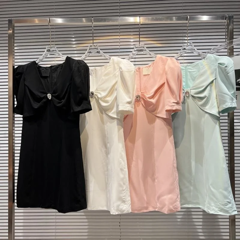 

Summer 2022 New Collection Short Fluffy Sleeve Diamonds Buckle Bow V Neck Slim Mini Dress Women GF277