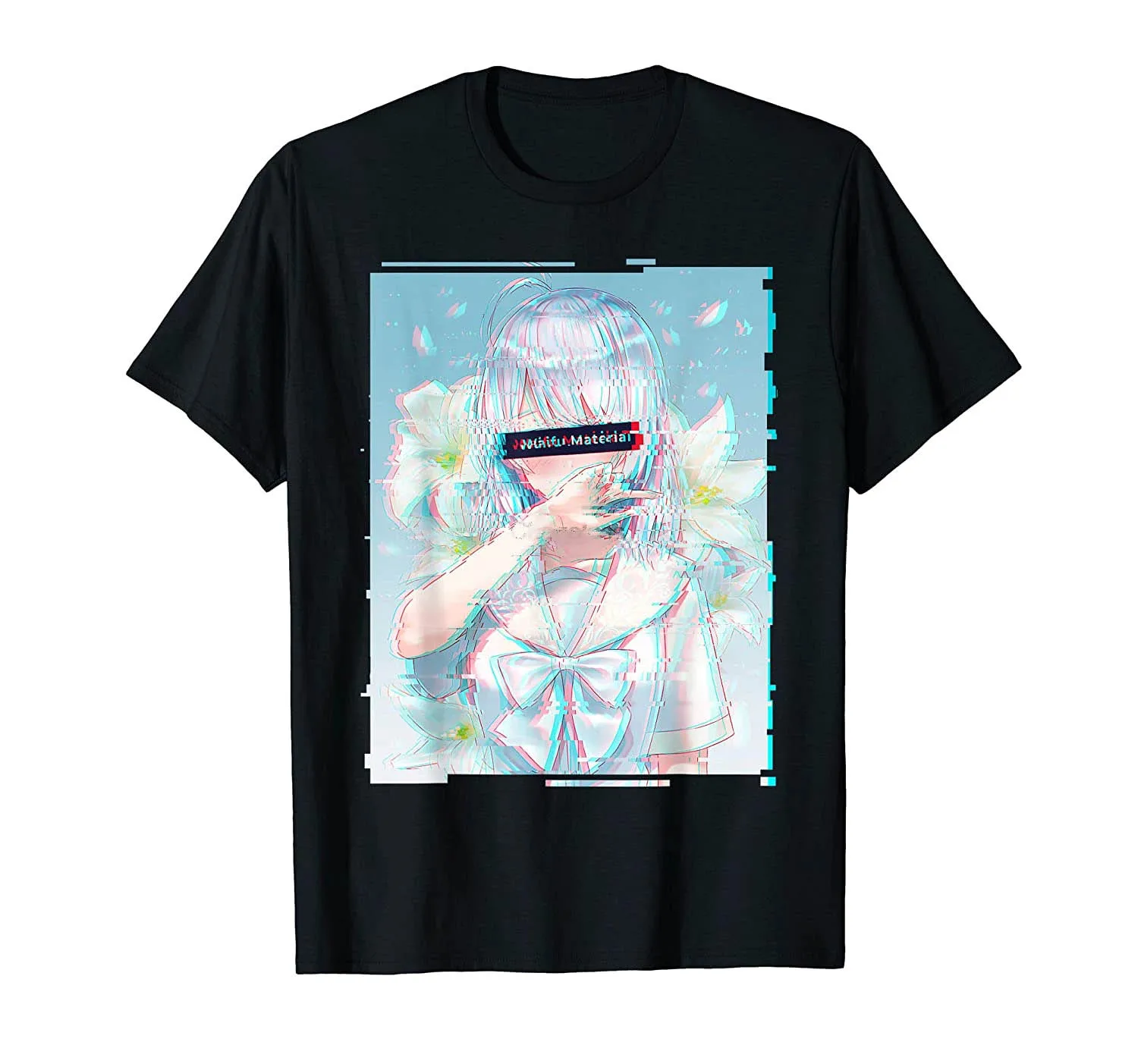 Waifu Anime Girl  Vaporwave Anime Aesthetic Glitch Floral T-Shirt Men Cotton Tshirt Tees Tops Anime Harajuku Streetwear