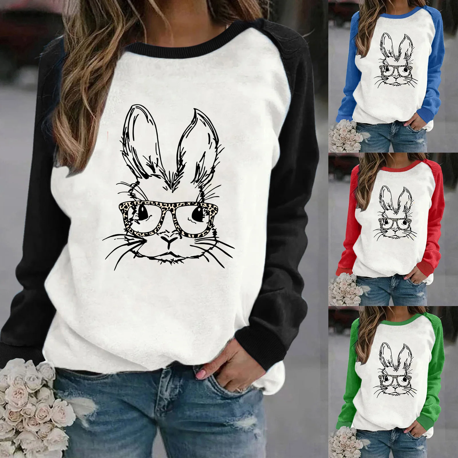 

Easter Womens Casual Long Sleeve Crew Neck Rabbit Printed Pullover Hoodless Sweatshirts Fit Blouse Athletic Zip up Hoodie