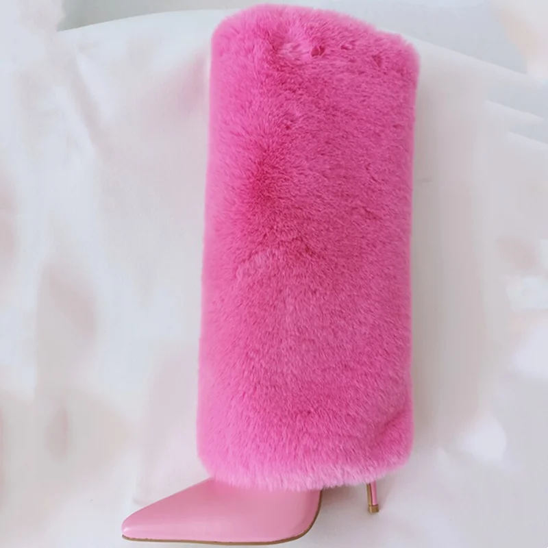 Winter Hot Fur Boots Women's Short Snow Boots Black White Stiletto Slip on Heels Shoes Booty Big Size 43