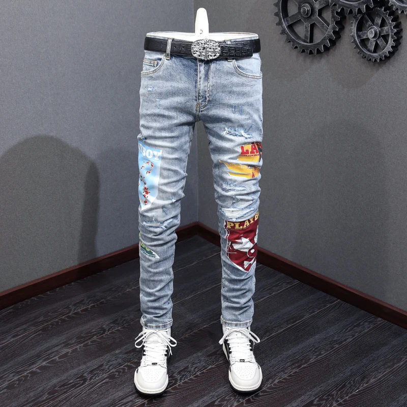 Fashion Streetwear Men Jeans Retro Blue Elastic Stretch Skinny Ripped Jeans Men Printed Patch Designer Hip Hop Brand Pants Homme