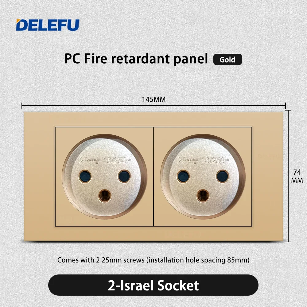 

DELEFU Огнестойкая панель SC31 145 мм, золотая израильская стандартная USB-розетка типа C для быстрой зарядки, настенная розетка, переключатель для телевизора Tel CAT5 CAT6