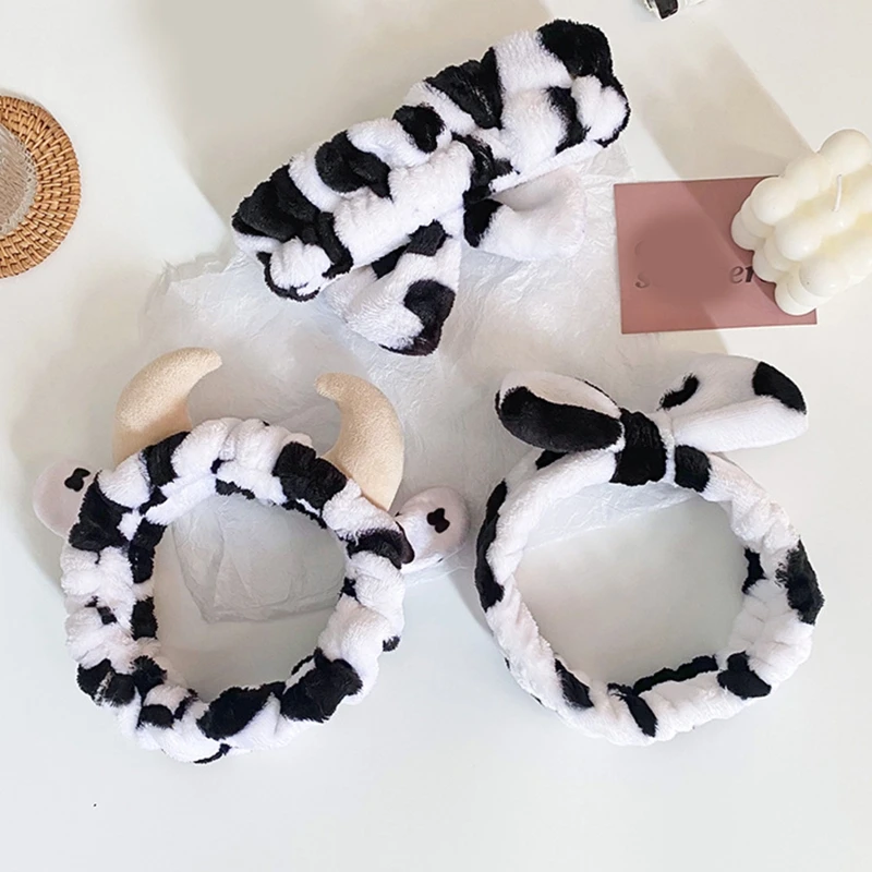 

Cow Pattern Wash Face Hair Hoop Hairbands Soft Flannel Animal Horns Bowknot Headband for Women Girls Turban Hair Holder Dropship