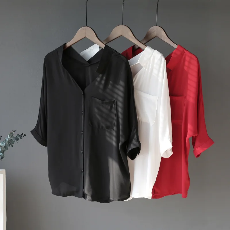 

Girls Summer V-neck Long Sleeve Chiffon Social Formal Black Shirt Female Loose Shirt Tops Women Lightweight Casual Ladies Blouse