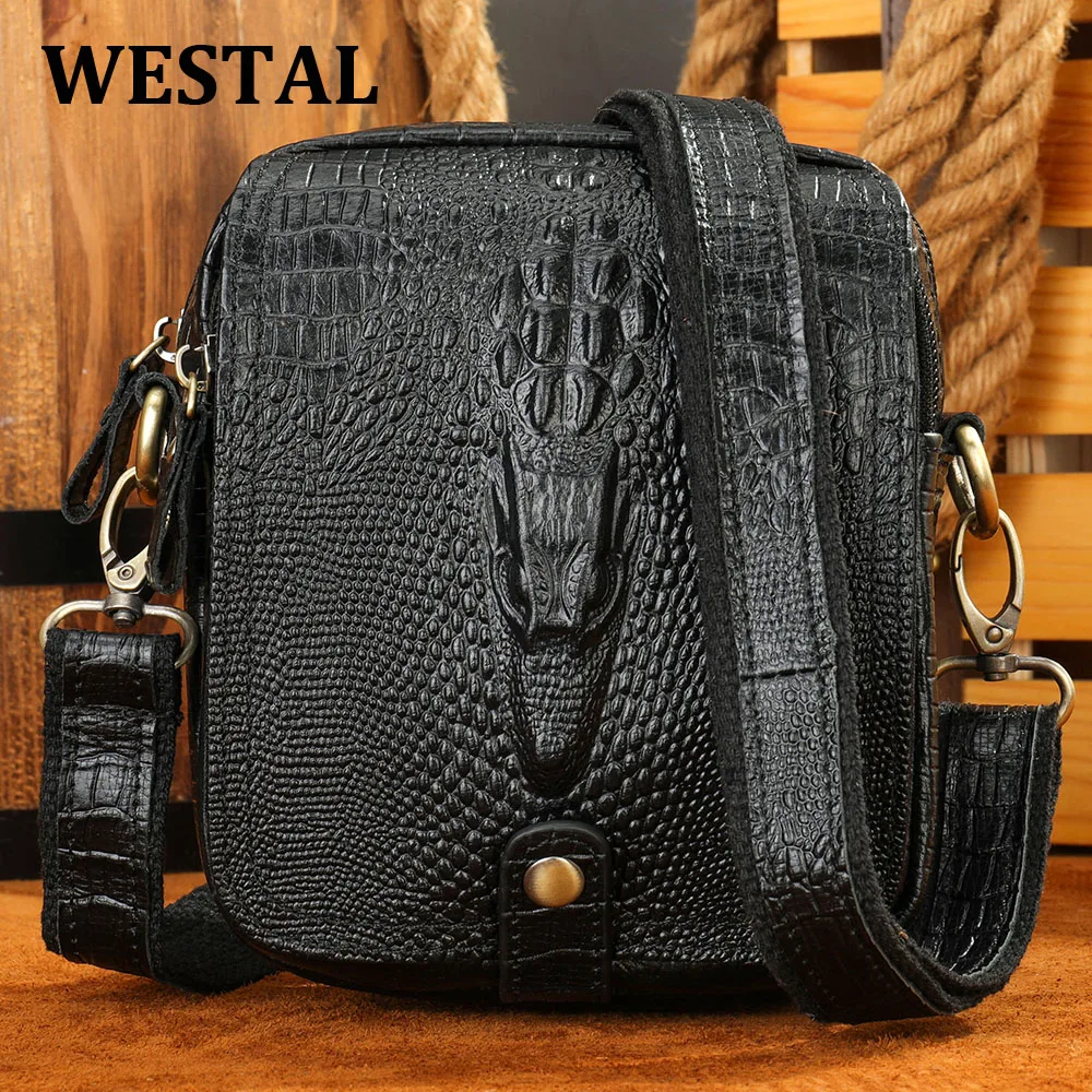 WESTAL Men's Crossbody Shoulder Bag Genuine Leather Crocodile Pattern Messenger Male Alligator Side Bags |