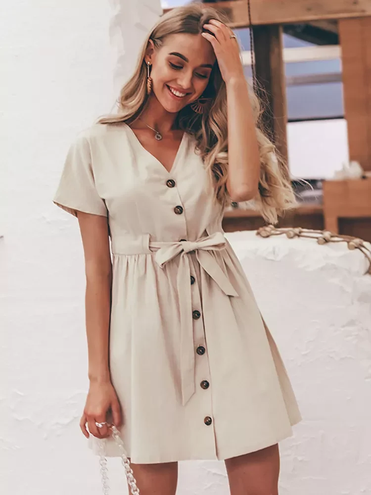 

Simplee Vintage buttons women dress shirt V neck short sleeve cotton linen short summer office dresses Casual korean vestidos