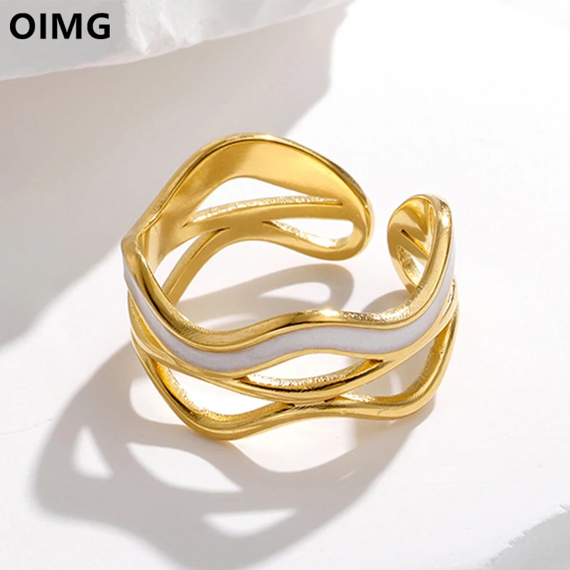 

OIMG 316L Stainless Steel Gold Plated Adjustable Irregular Multi-Layer Hollow Open Finger Ring For Women Punk No Fading Jewelry