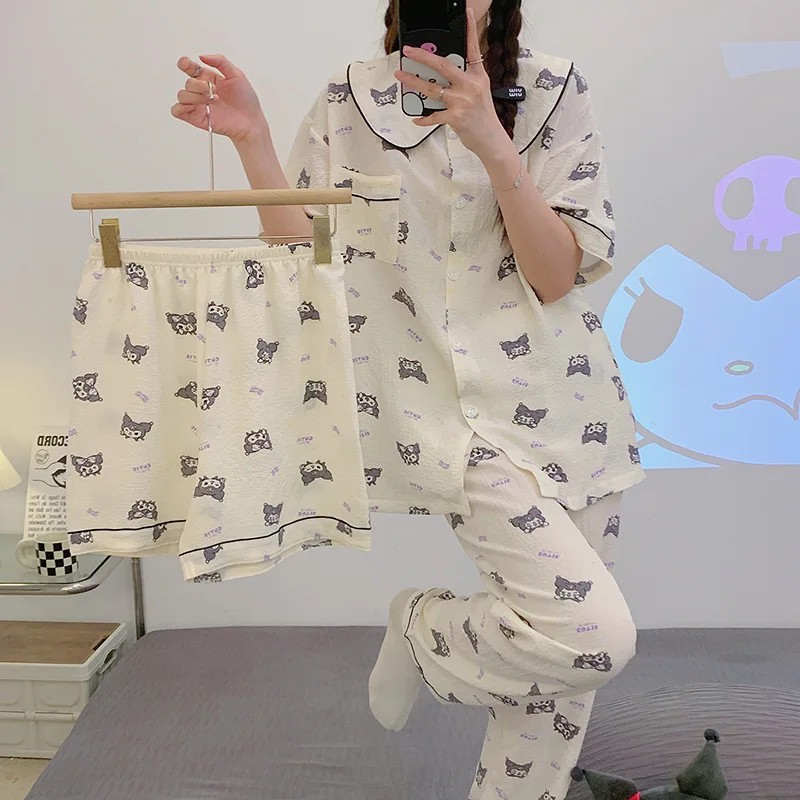 

Best Sellers New Sanrio Summer Anime Kuromi for Women Loungewear Clothing Sleepwear 3-Piece Sets Girl Lapel Pyjama Kawaii Pijama