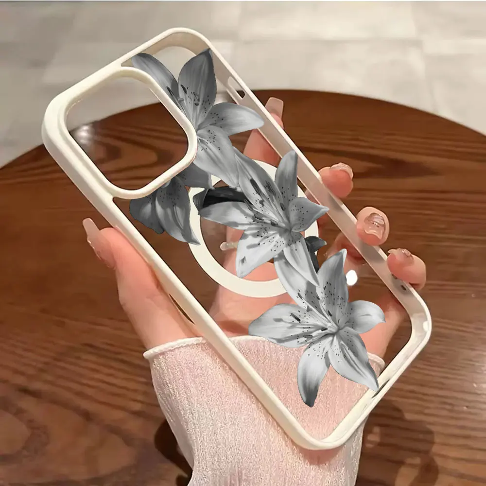 Минималистичный силиконовый акриловый чехол с цветочным узором для iPhone 15, 17, 16 Pro Max, 14, 13, 12, 11, 16, 14, 15 Plus, 17 Air, черный, белый, с лилиями (art.: 3920dbc4b4cd1) - 3920dbc4b4cd1