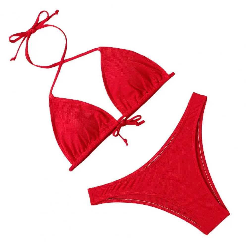 

Swimwears Bathing Suit Solid Color Adjustable Straps Bra Briefs Set Women Lace-up Halter Bra Briefs Set