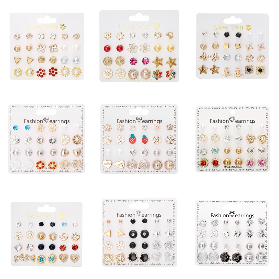 

12 Pairs/Set Flower Heart Earrings Set for Women Geometric Rhinestone Simulated Pearl Piercing Ball Earring Jewelry Accessories