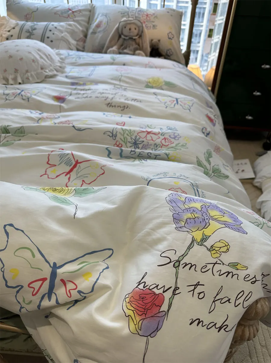 

Модный Романтический комплект с цветочным рисунком и бабочкой, двухспальная, односпальная, двуспальная, яркая, хлопковая, домашний текстиль, простыня, подушка, пододеяльник