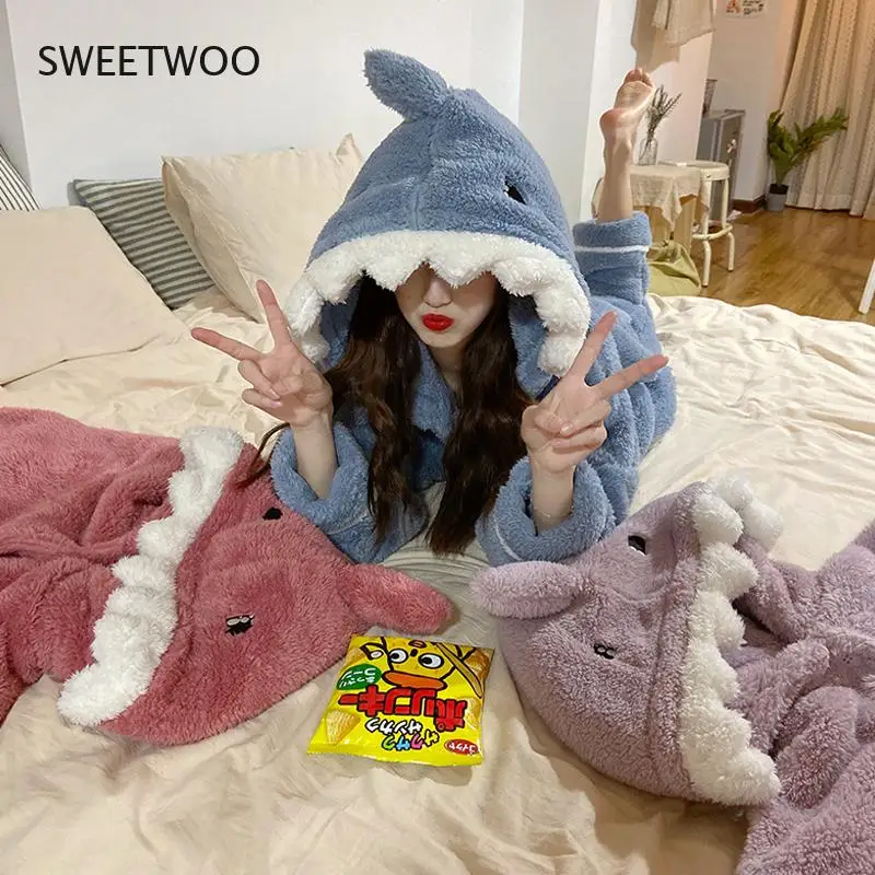 Autumn Winter Women Cute Pajamas Sets Cartoon Shark Hooded Sleepwear Coral Fleece Lady Home Clothes Female Sweet Warm Pyjamas