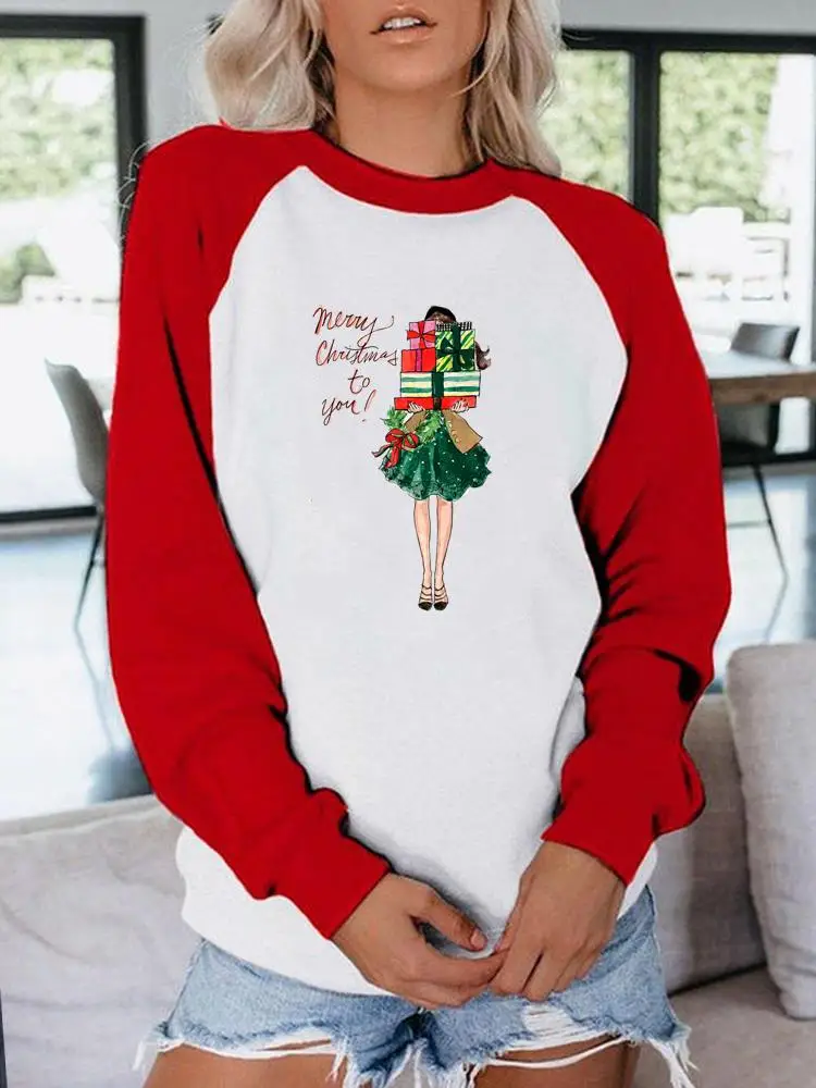 

Clothing New Year Graphic T-shirt Women Raglan Sleeve Gift Sweet Cartoon Trend Merry Christmas Print T Shirt Clothes Top Tee