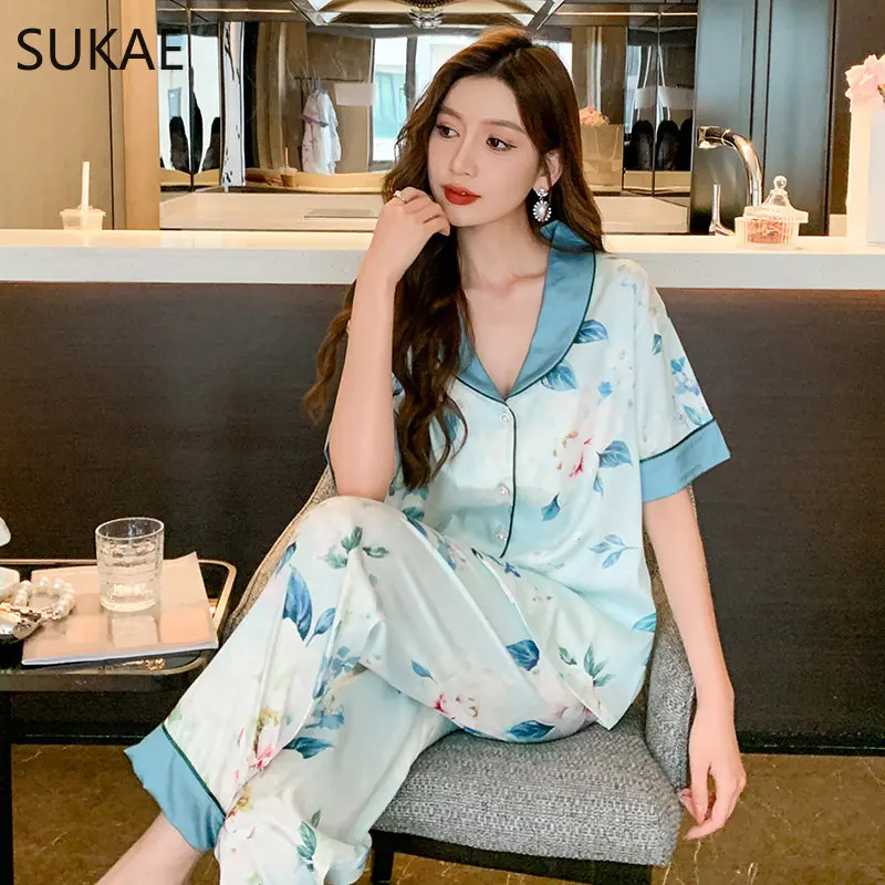 

SUKAE Luxury Jacquard Ice Silk Women's Pajamas Sets Casual Cardigan Short Sleeves Sleepwear Floral Silky Pijamas Lady Homesuit
