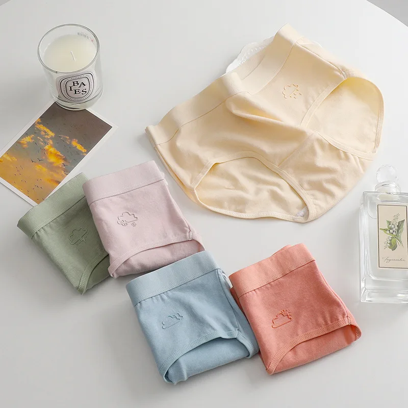 5pcs/batch, Women's Cotton Panties, Solid Color Panties Mid Waist Cotton Crotch Antibacterial Physiological Pants Women